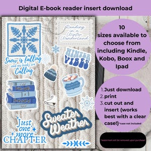 Può includere: Download di inserto per lettore di ebook con adesivi a tema invernale. Include adesivi con testo come "Winter Vibes" e immagini di libri e fiocchi di neve. Disponibile in 10 dimensioni.