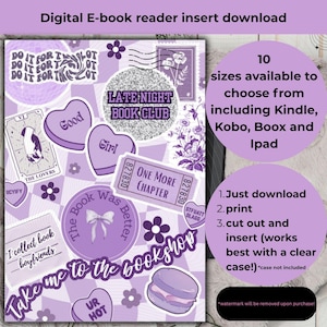 May include: Digital e-book reader insert download with a purple and white design. Features stickers with text like "Late Night Book Club" and "Take me to the bookshop". Includes instructions and device compatibility.