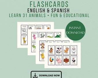 Bilingual Animal Flashcards English Spanish | 31 Animals Vocabulary Cards | Toddler Learning Flashcards | Preschool Educational PDF Print
