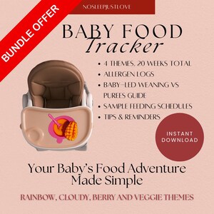 Puede incluir: Un rastreador de alimentos para bebés con un gráfico de trona. El texto dice "Baby Food Tracker" y enumera características como registros de alérgenos y horarios de alimentación. La imagen incluye el texto "Your Baby's Food Adventure Made Simple."