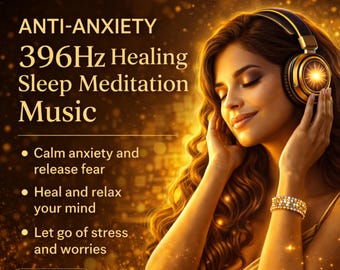 May include: Image promoting anti-anxiety sleep meditation music. The image features a woman wearing headphones, with text overlayed: "Anti-Anxiety 396Hz Healing Sleep Meditation Music." Additional text includes "Calm anxiety and release fear," "Heal and relax your mind," and "Let go of stress and worries."