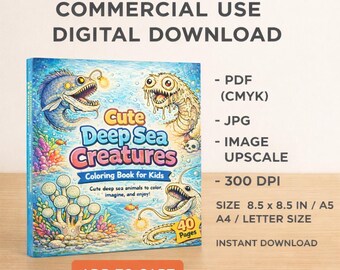 May include: A digital download coloring book titled "Cute Deep Sea Creatures" for kids. The cover features colorful illustrations of deep-sea animals. The book is 8.5 x 8.5 inches and includes 40 pages. The image also includes the text "Add to Cart."