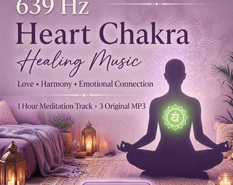 May include: A digital graphic featuring the text 639 Hz Heart Chakra Healing Music, Love, Harmony, Emotional Connection, 1 Hour Meditation Track + 3 Original MP3, and MP3 Download. A silhouette of a person meditating is centered.