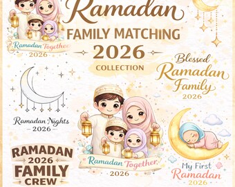 May include: Digital art featuring a family of five, holding lanterns, with the text "Ramadan Family Matching 2026 Collection." Other elements include a crescent moon, stars, and the phrases "Ramadan Nights," "Blessed Ramadan Family," and "My First Ramadan."