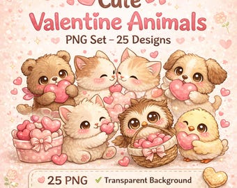 May include: A digital illustration featuring adorable cartoon animals holding heart-shaped objects. The image includes a bear, cats, a dog, an owl, and a chick. Text reads "Cute Valentine Animals" and "PNG Set - 25 Designs".