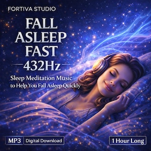 Peut inclure: Illustration numérique pour la musique de méditation pour dormir. L'image montre une femme au lit avec un casque, dans un ciel étoilé. Le texte indique "FALL ASLEEP FAST - 432Hz" et "Sleep Meditation Music to Help You Fall Asleep Quickly."