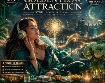 May include: Digital audio file titled Golden Flow Attraction by Fortiva Studio. The graphic features a person wearing gold headphones, a dark green robe, and jewelry. Text includes 528Hz Wealth Frequency, 3 Powerful Tracks, and Open Your Heart.