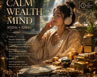 May include: A digital audio album cover titled CALM WEALTH MIND (432Hz + 528Hz) featuring a person wearing beige headphones, surrounded by stacks of gold coins and bars. The text lists three songs, MP3 format, and a 15-minute duration.