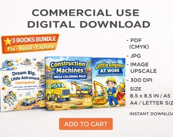May include: A digital download bundle of three children's coloring books. The books feature themes of space exploration, construction, and engineering. The image includes the text "3 Books Bundle" and "Add to Cart."
