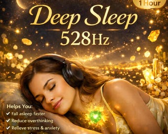 May include: A woman wearing headphones rests on a pillow, with the words "Deep Sleep 528Hz" in gold script. The image includes text that says "MP3 1 Hour" and "Helps You: Fall asleep faster, Reduce overthinking, Relieve stress & anxiety, Support deep sleep."
