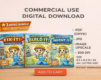 May include: A digital download bundle of three children's coloring books titled "Little Engineer: Fix It!", "Little Engineer: Build It!", and "Little Engineer: Invent It!". Each book features a cartoon engineer and has 40 pages. The image includes the text "Add to Cart".