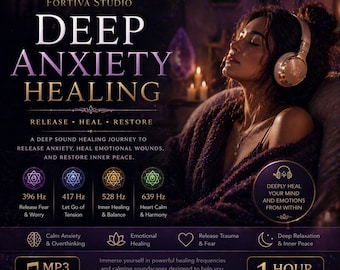 May include: An advertisement for Fortiva Studio's Deep Anxiety Healing program. The image features a woman wearing headphones, with text overlay including "Release, Heal, Restore." The program offers a 1-hour meditation with sound healing frequencies to release anxiety and restore inner peace.