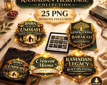 May include: A collection of Ramadan-themed designs, including graphics with text such as "Ramadan Heritage Collection," "Baba Pillar of the Ummah," and "Crescent Mama." The designs are in gold, green, and black, with a crescent moon motif. Includes a black t-shirt.