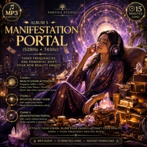 Puede incluir: Un archivo de audio digital titulado Album 5 Manifestation Portal con frecuencias de 528Hz y 741Hz. El gráfico muestra texto sobre la activación de la visión de riqueza, flujo de dinero intuitivo y canciones, con una duración de 15 minutos.