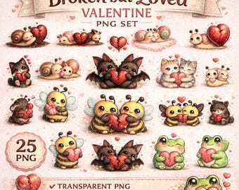 May include: A Valentine's Day PNG set featuring various cute animal illustrations, including snails, cats, bats, bees, and frogs, each holding a broken heart. The banner reads "Broken but Loved". The set includes 25 PNG images with transparent backgrounds.