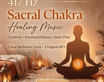 May include: A digital graphic featuring the text 417 Hz Sacral Chakra Healing Music, Creativity, Emotional Balance, Inner Flow, 1 Hour Meditation Track + 3 Original MP3, and MP3 Download. A silhouette of a person meditating is centered.