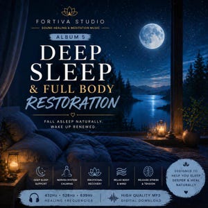 May include: A digital album cover for Fortiva Studio titled Deep Sleep & Full Body Restoration. The image features a dark bedroom with a bed, a nightstand with a candle, and a large window overlooking a lake under a full moon at night.