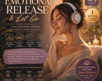 May include: An advertisement for "Emotional Release & Let Go" MP3 audio. The image features a woman wearing headphones, with text promoting healing and emotional well-being. The design includes icons, frequency details, and the phrase "Deep Emotional Healing Sound Medicine."