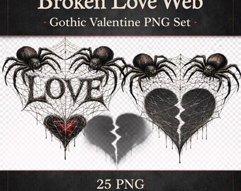May include: A digital art set titled "Broken Love Web" with a gothic Valentine theme. The image features spiderwebs, spiders, and broken hearts. Text includes "LOVE", "25 PNG", "Transparent PNG", and "Commercial USE".