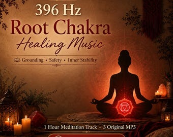 May include: A digital graphic featuring the text 396 Hz Root Chakra Healing Music, Grounding, Safety, Inner Stability, and 1 Hour Meditation Track + 3 Original MP3. A silhouette of a person meditating is centered with a glowing red chakra symbol.