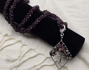 Wire Wrapped Tree of Life Pendant: Red Garnet Necklace, Multi-Colored Stones