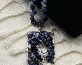 Wire Wrapped Tree of Life Denim Lapis Lazuli Pendant Necklace