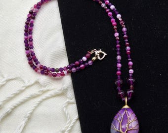 Wire Wrapped Tree of Life Pendant: Purple Quartz Teardrop Necklace