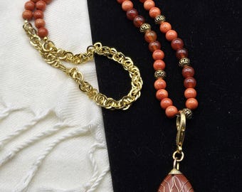 Tree of Life Orange Calcite Pendant Necklace: Wire Wrapped Teardrop