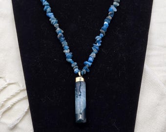 Blue Dyed Quartz Pendant on 30 inches of Blue Agate Chip Strand