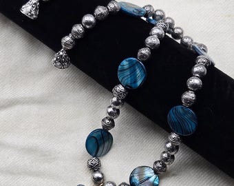 Butterfly Pendant Necklace: Paua Shell Resin Beads, Silver Tone, 24 Inch