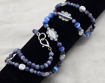 Sodalite Beaded Strand Necklace: Faceted Cat's Eye, Silver Findings, 24 inches