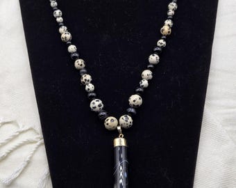 Black Agate Pendant Necklace: Dalmatian Jasper Beaded Strand
