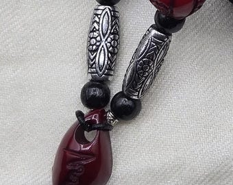 Red Fish Resin Pendant Necklace: Black & Silver Tone Beads, 22 Inch