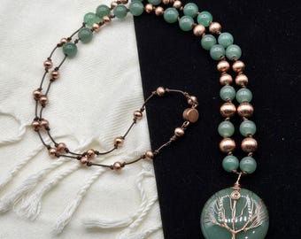 Wire Wrapped Tree of Life Nephrite Pendant: Green & Copper Beaded Necklace