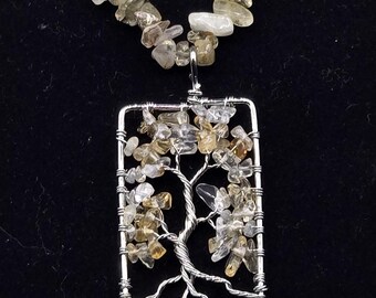 Wire Wrapped Tree of Life Yellow Quartz Pendant - 30 Inch Strand