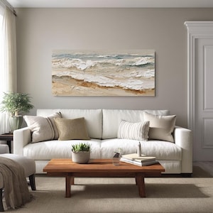 Textured Beach Wave Art, Hand-Painted Neutral Seascape, Beige White Impasto Canvas, Coastal Wall Decor, Modern Ocean Living Room Painting