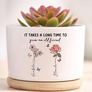 Könnte beinhalten: Weißer Keramik-Blumentopf mit einer Sukkulente. Der Topf trägt den Text "IT TAKES A LONG TIME TO grow an old friend" und zeigt Blumen- und Schmetterlingsillustrationen. Die Namen "Arabella" und "Blanche" sind darunter geschrieben. Der Topf steht auf einem Holzsockel.