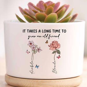May include: White ceramic planter with a succulent plant. The planter has the text "IT TAKES A LONG TIME TO grow an old friend" and features floral illustrations with the names "Arabella" and "Blanche". The planter sits on a wooden base.