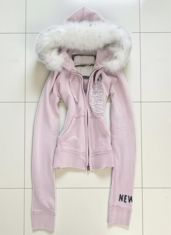 Pink Jacket With White Fur Hood - Y2K Baby Pink Unisex Zip