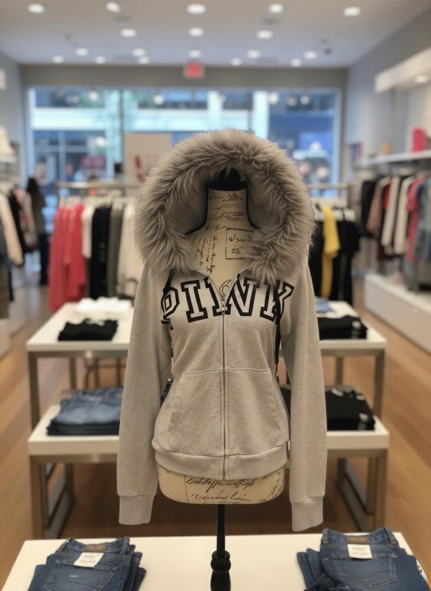 Grey Fur Hooded Jacket – Oversized Zip Hoodie Y2K Goth Streetwear