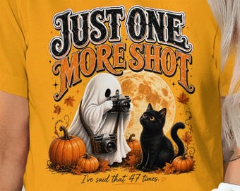 Just One More Shot Funny Halloween Ghost Photographer T-Shirt, Spooky Cat Lover Fall Tee, Vintage Autumn Photography Gift