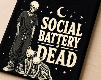 Social Battery Dead Skeleton Shirt Funny Goth Shirt Introvert Shirt Gothic Cat Shirt Tired Shirt Gift For Her Alt Goth Tee