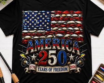 Shirt Amerikaanse vlag vissen lokken, T-shirt Amerika 250 jaar vrijheid, cadeau patriottische visser, kleding VS jubileum