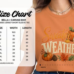 Unisex Bella + Canvas 3001 size chart for short sleeve tee with "Sweater Weather" graphic.