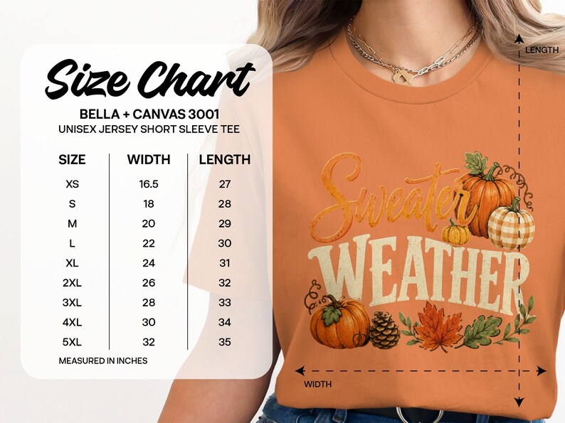 Unisex Bella + Canvas 3001 size chart for short sleeve tee with "Sweater Weather" graphic.