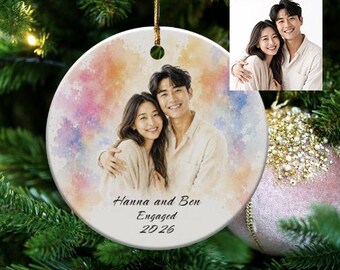 Adorno de compromiso personalizado, retrato fotográfico en acuarela personalizado, regalo de Navidad asiático para prometidos, recuerdo para pareja recién comprometida, nombres y año.