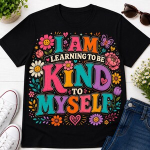 May include: A black t-shirt featuring a colorful graphic print with the text I AM LEARNING TO BE KIND TO MYSELF. The design includes vibrant flowers, butterflies, and small hearts in shades of pink, orange, yellow, purple, and teal.