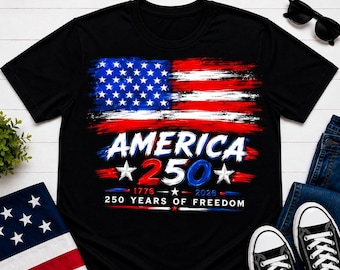 Geschilderd shirt met Amerikaanse vlag, T-shirt Amerika 250 Years Of Freedom, kleding patriottische penseelstreek, VS jubileumcadeau