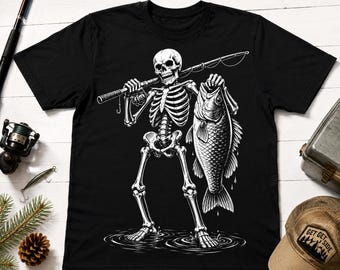 Skeleton Fishing Shirt, Spooky Angler Graphic Tee, Halloween Bass Fisherman Gift