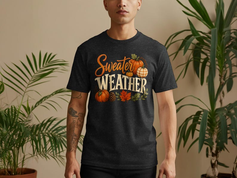 Dark t-shirt with "Sweater Weather" text and fall pumpkin graphics.